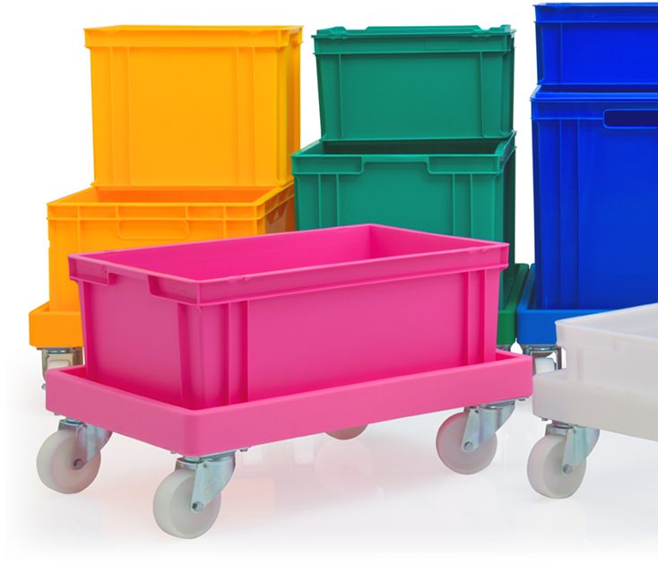 Kunststoffbehälter Bunte Kunststoffkisten auf Rollen in verschiedenen Farben, darunter pink und grün.